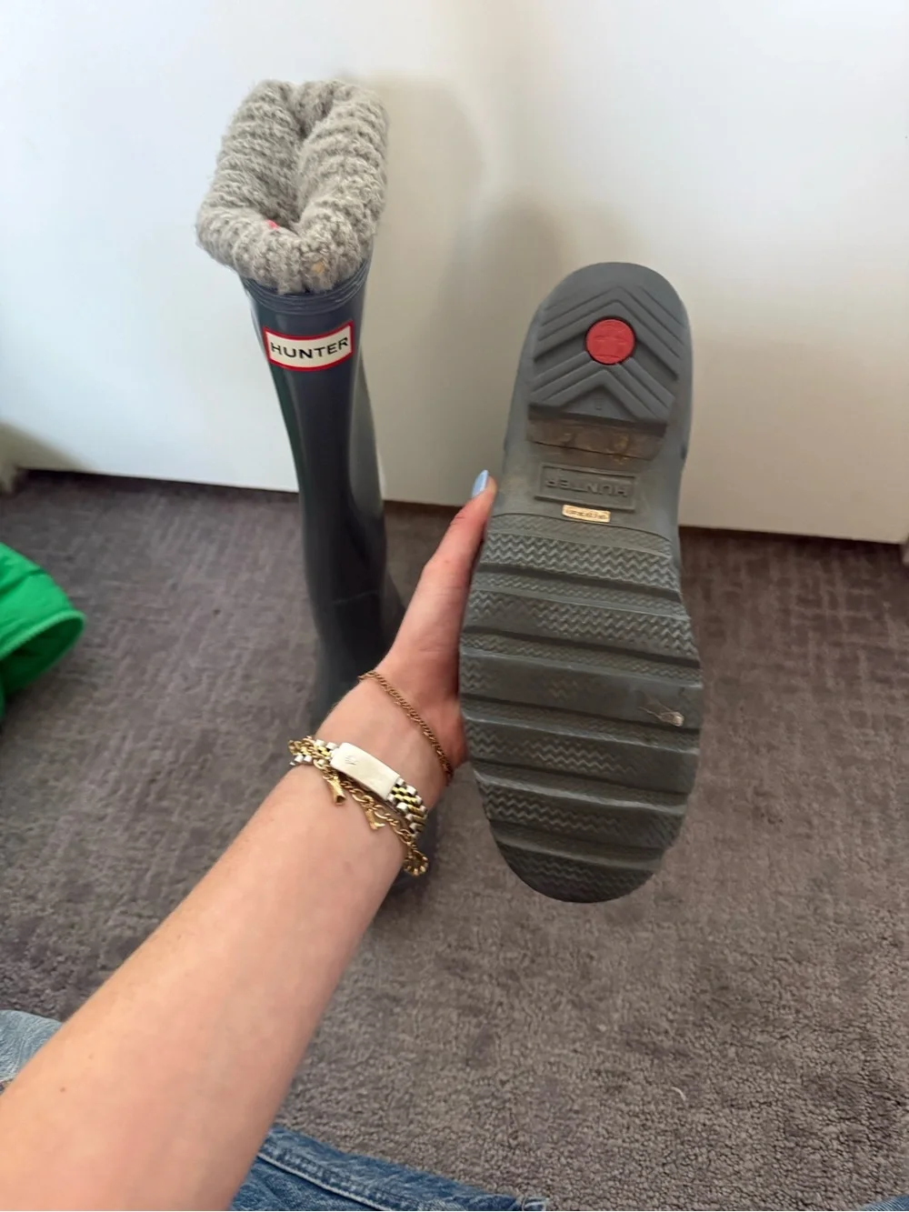 Hunter Tall Grey Rubber Rain Boots with Grey Knit Cuff